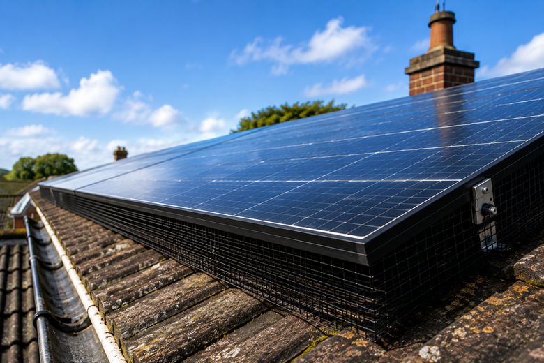 Solar panels on a tiled roof with black mesh bird proofing installed around the edges